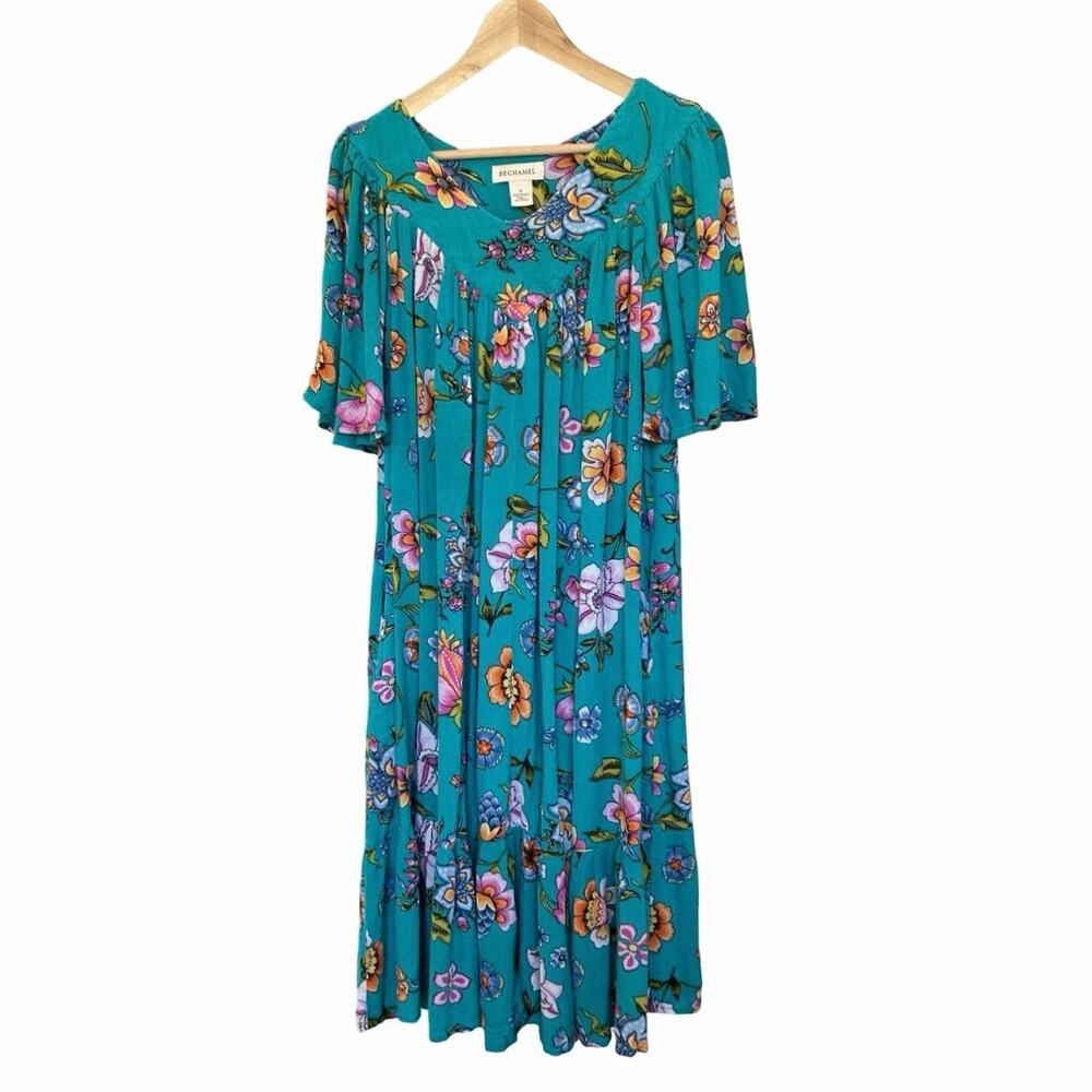 Bechamel Floral Maxi House Dress S Turquoise Pink Boho Cottagecore Artisan Folk
